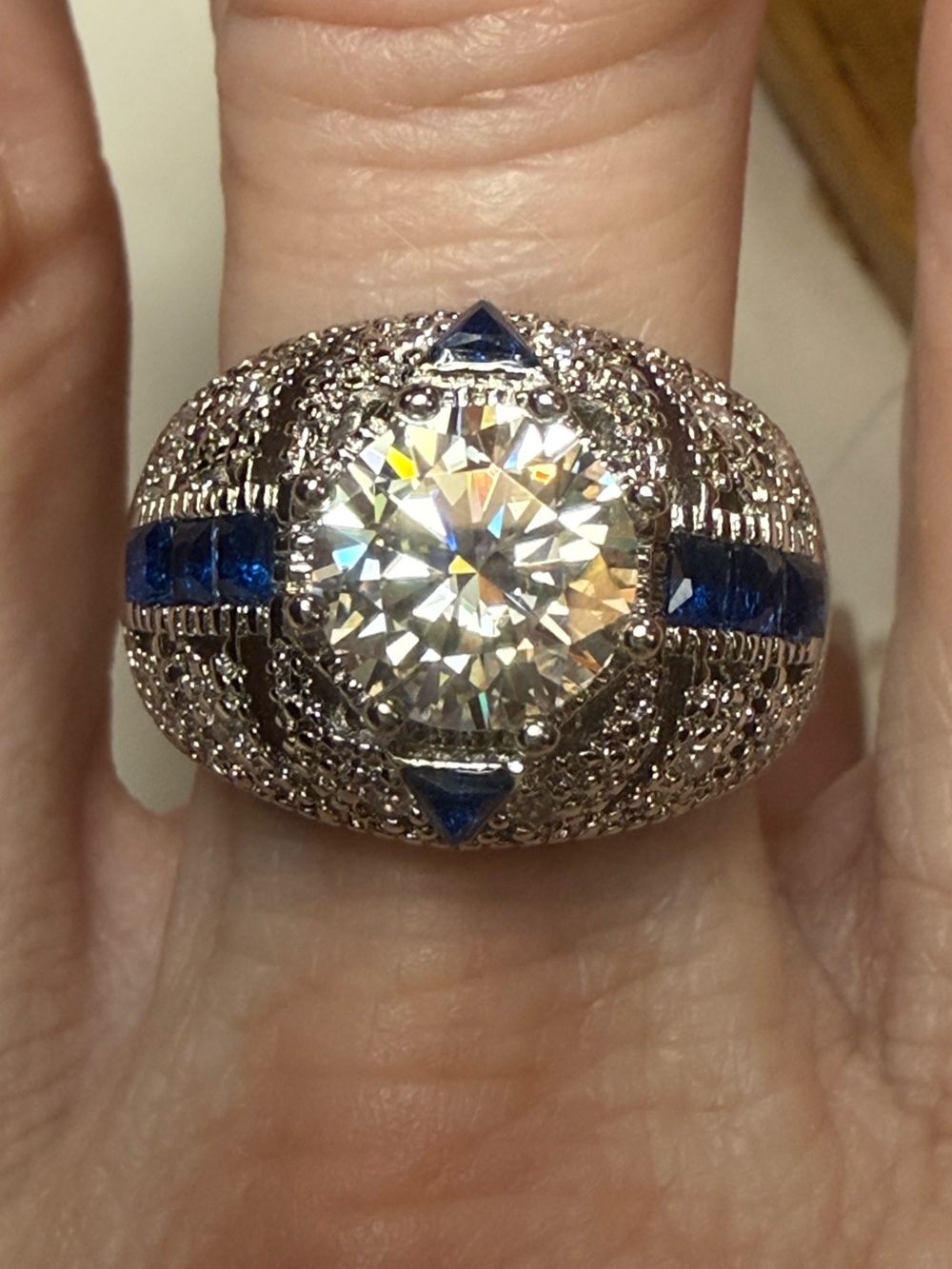 Vintage GRA CERTIFIED MOISSANITE DIAMOND 2CT & Sapphire Ring in baked silver - Picture 7 of 12